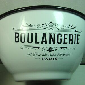 White enamel ware metal bowl with French graphics